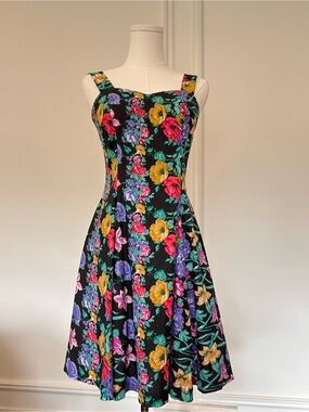 Vintage 80s 90s Black Floral Cotton Fit & Flare Midi Sundress Cottagecore XS/S